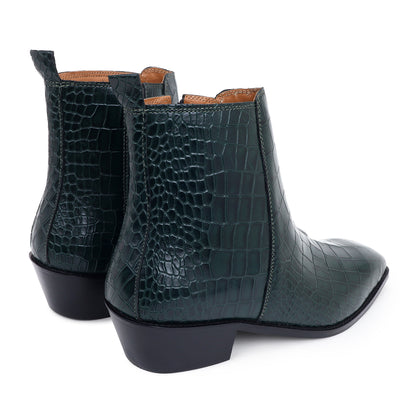 Italian Croco Leather Boots (Green) - Square Toe