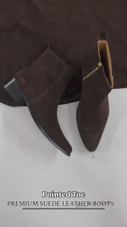 Premium suede leather boots/ Pointed Toe - Dark Brown
