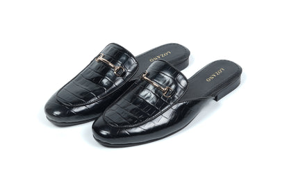 CROCO LEATHER MULES - BLACK