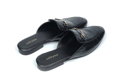 CROCO LEATHER MULES - BLACK