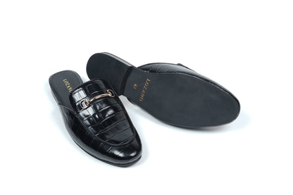 CROCO LEATHER MULES - BLACK