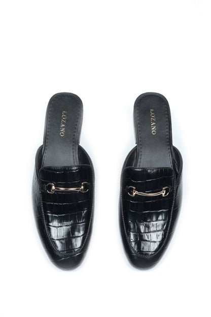 CROCO LEATHER MULES - BLACK