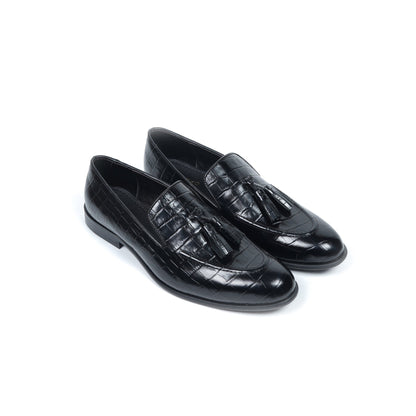 CROCO SLIP ONS WITH TASSELS - BLACK