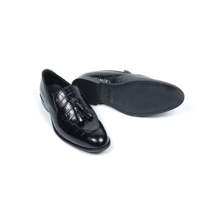 CROCO SLIP ONS WITH TASSELS - BLACK