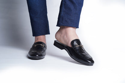 CROCO LEATHER MULES - BLACK