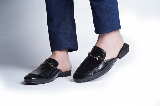 CROCO LEATHER MULES - BLACK