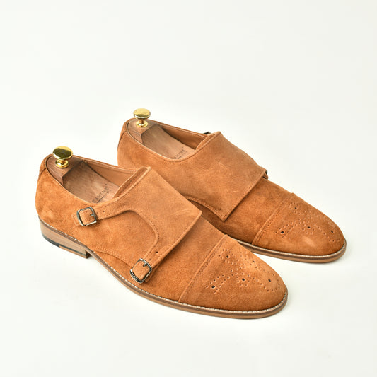 Suede Leather Monk Straps - Tan