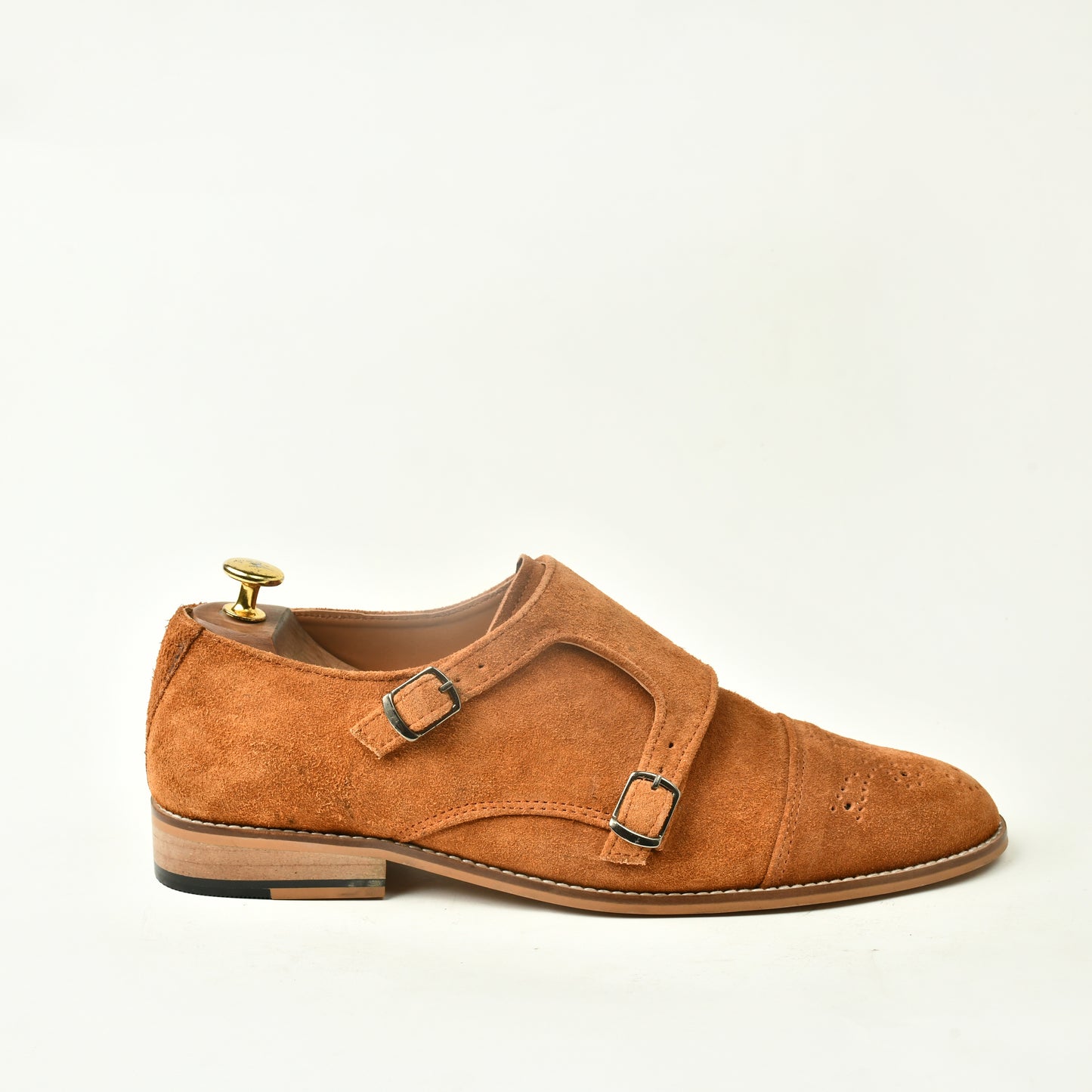 Suede Leather Monk Straps - Tan