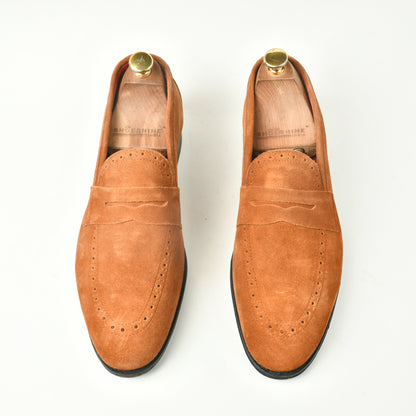Premium Brogue Suede Slip Ons - Tan