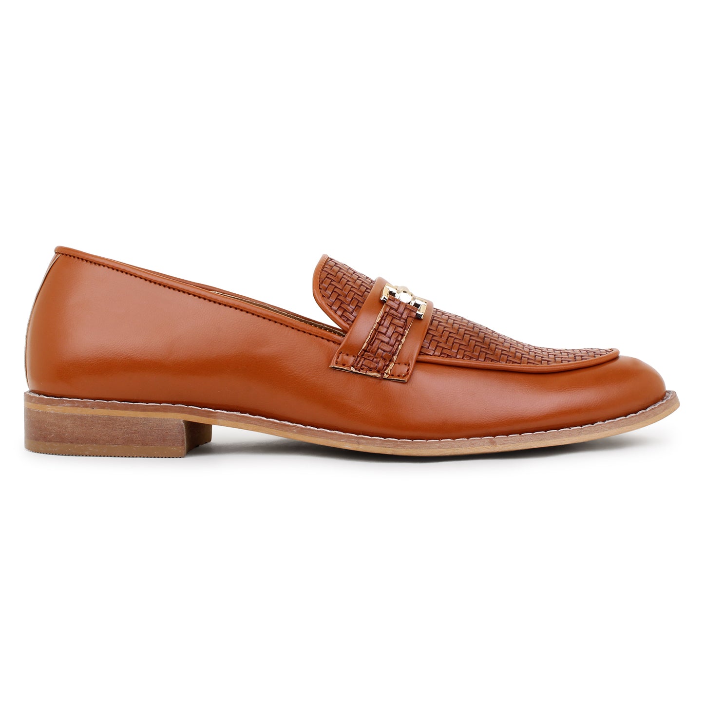 Woven Leather Slip Ons with Saddle - Tan